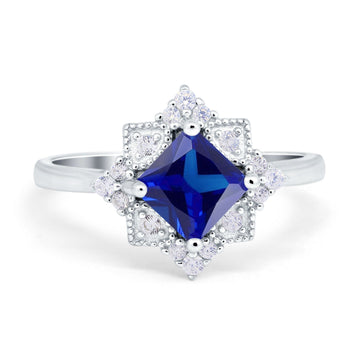 Vintage Princess Cut Wedding Ring Simulated Blue Sapphire CZ 925 Sterling Silver